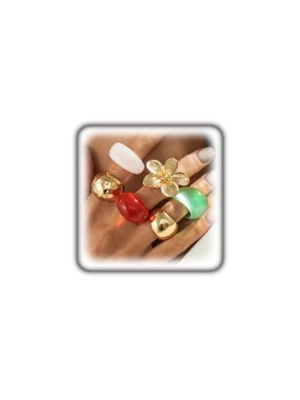 Gold Plated Floral Resin Ring Set - Hammered Knuckle Rings for Women
